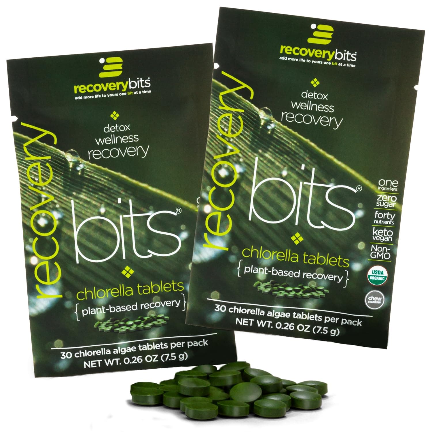 ENERGYBITS RECOVERYbits Chlorella Tablets Recovery Supplements, Small Sample Pack - 60 Tablets Pure Algae Superfood Tabs, Immune System Tablet for Wellness and Health, High Fiber Chlorophyll Non GMO