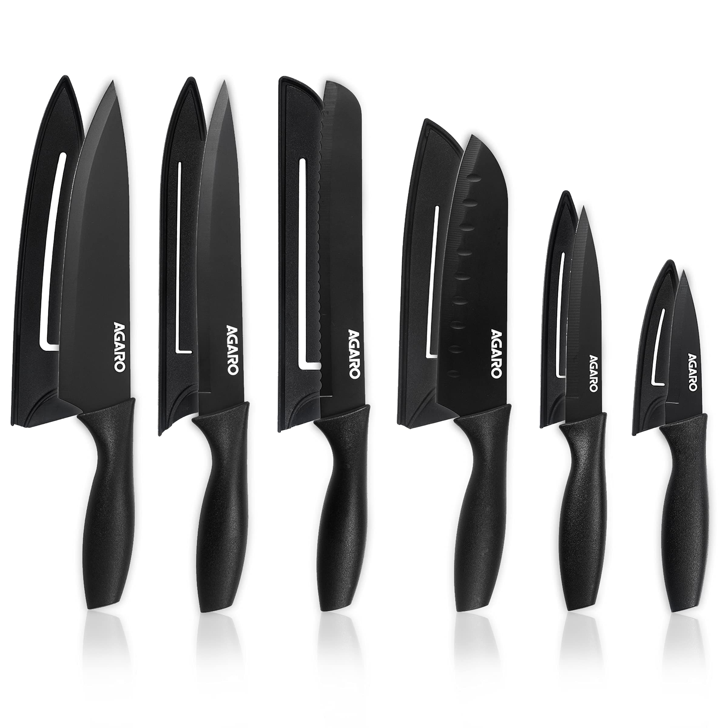 AGARO Royal 6 Pcs Kitchen Knife Set with Cover, High Carbon Stainless Steel Black Colour Coated Professional Chef Knife, Utility, Sontuku, Bread, Utility, Paring, for Home & Restaurant Use, Black
