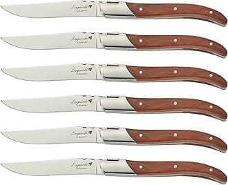 FLYINGCOLORS Laguiole Steak Knife Set. Stainless Steel, Rose Wood Handle, Gift Box, 6 Pieces