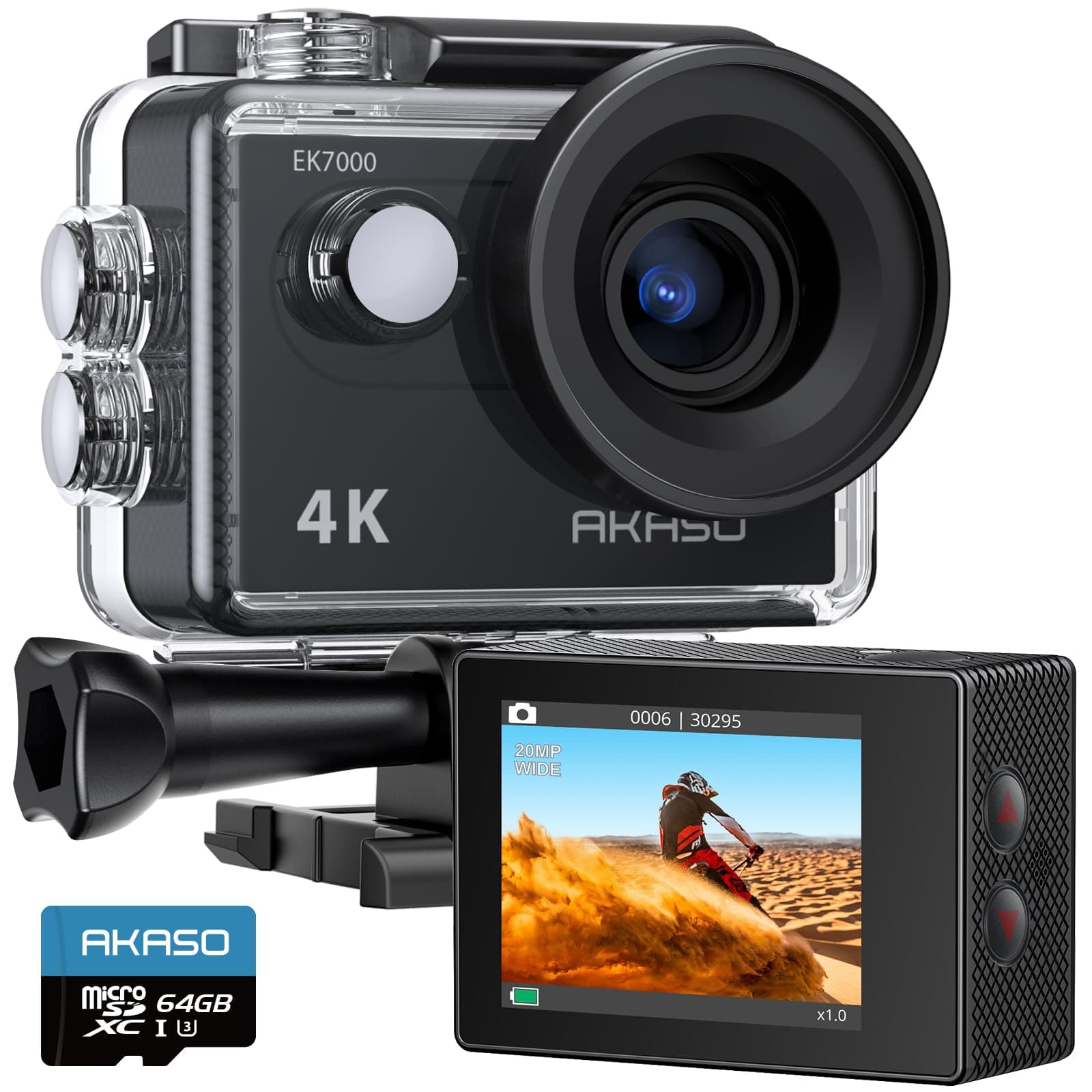 EK7000 4K30FPS 20MP Action Camera with 64GB microSDXC Memory Card 4k Ultra HD Camera Underwater 131FT Waterproof Camera 170 Degree Wide Angle Support External Microphone