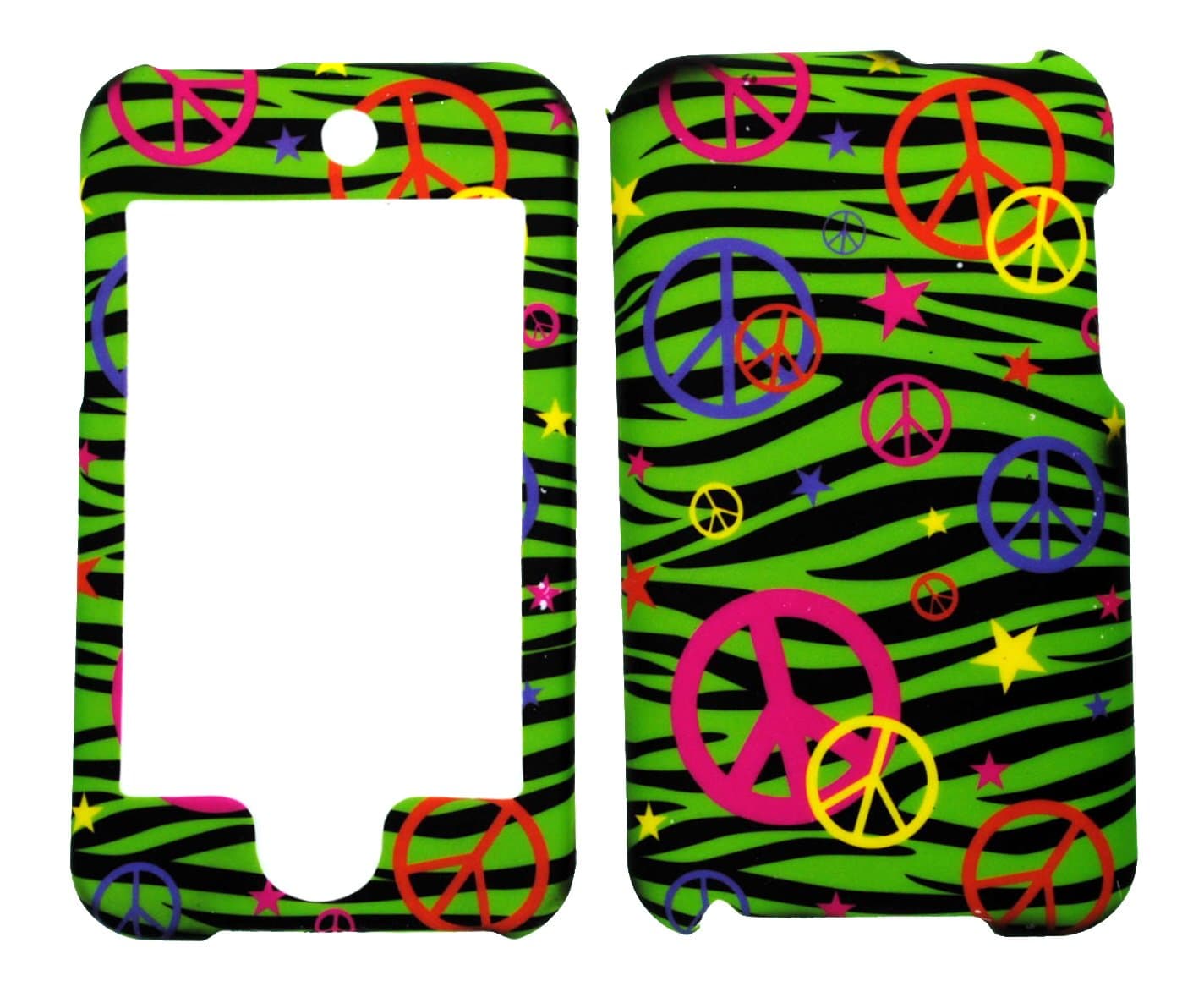 Colorful Peace Sign on Green Zebra Rubberized Protective Cover Case for Apple Ipod Touch Itouch 2nd Gen 3rd Gen