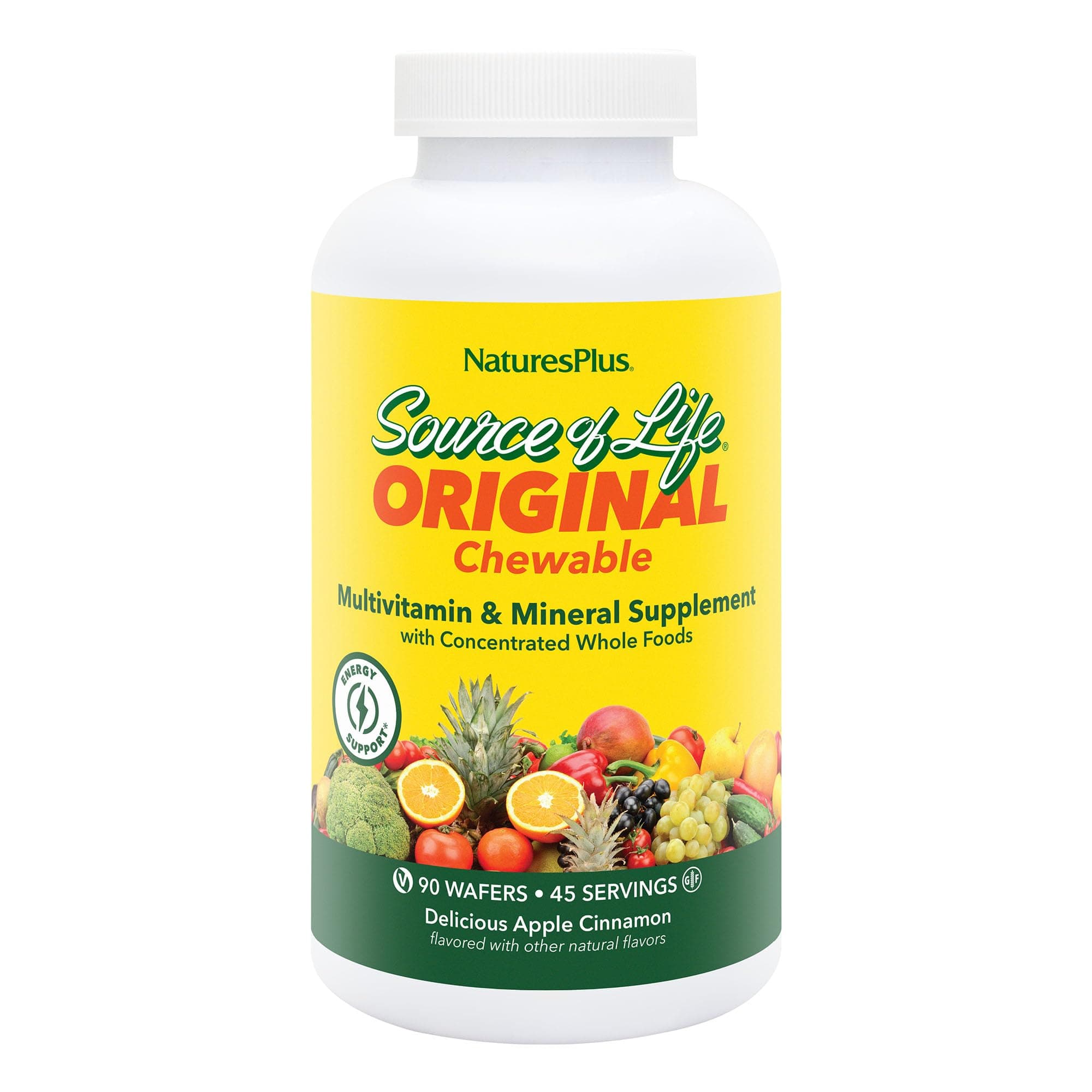 NaturesPlus Source of Life Adult’s Chewable, Apple Cinnamon - 90 Wafers - Multivitamin & Mineral Supplement - Immune & Digestive Health Support with Vitamin D3 - Gluten Free, Vegetarian - 45 Servings