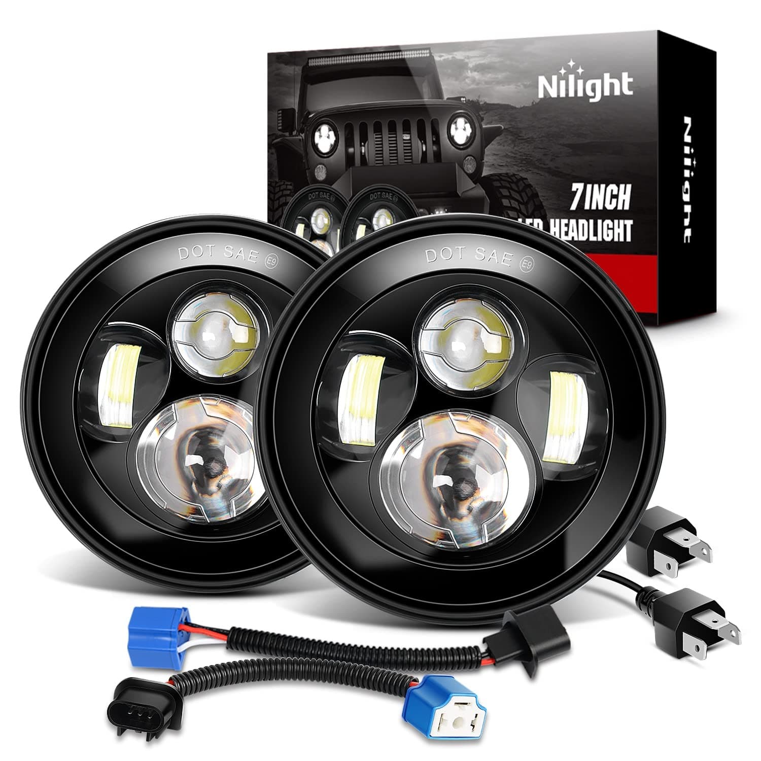 Nilight 2PCS 7 Inch Round Cree Headlight High Low Beam for Wrangler JK TJ CJ 1997-2017 Rubicon Sahara Hummber H1 H2 Motorbikes