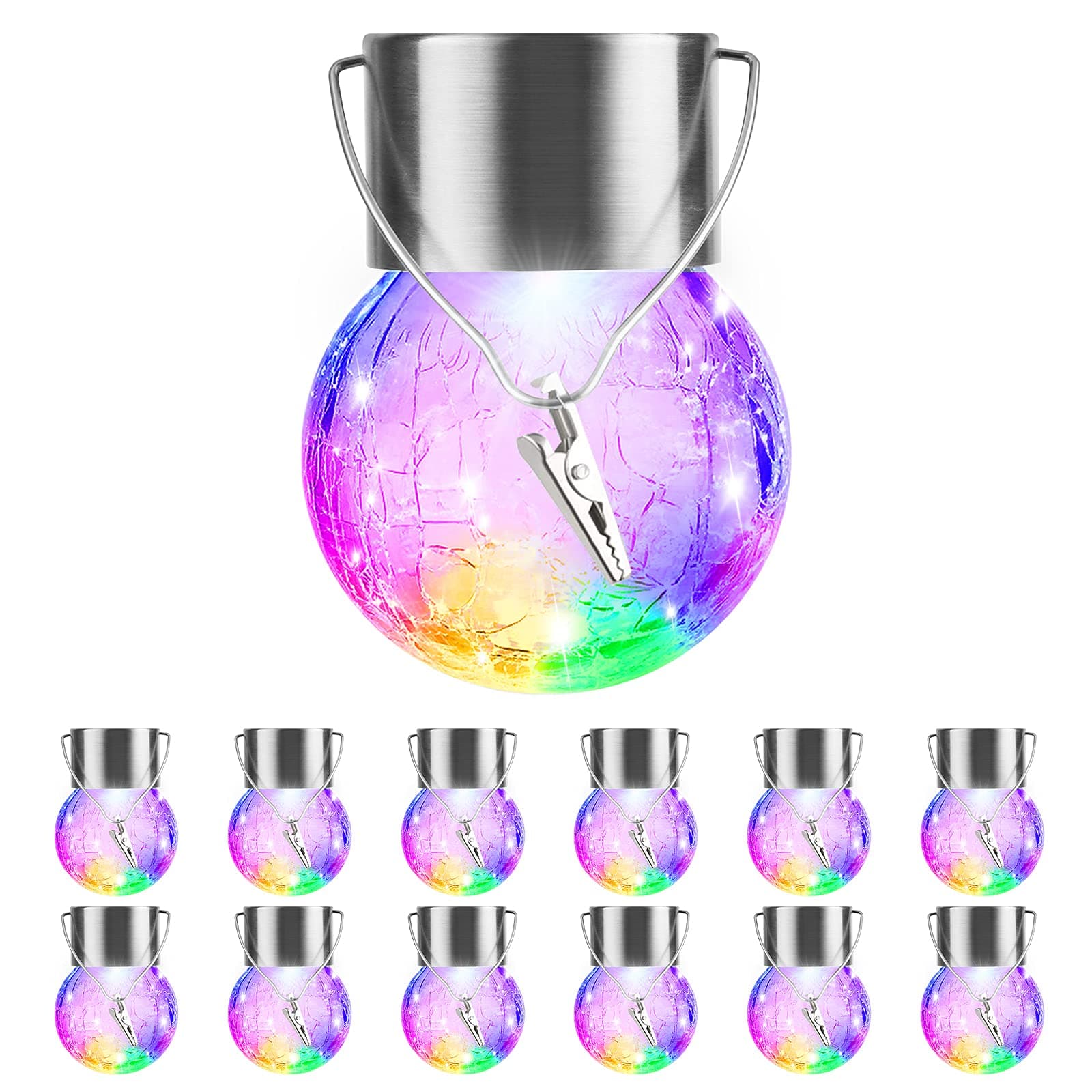 12 Pack Hanging Solar Lights Outdoor Decorative, Waterproof Solar Globe Lantern with Handle and Clip, Solar Powered Cracked Glass Ball Lights for Garden Yard Patio, Fence Tree Umbrella, Holiday Decor