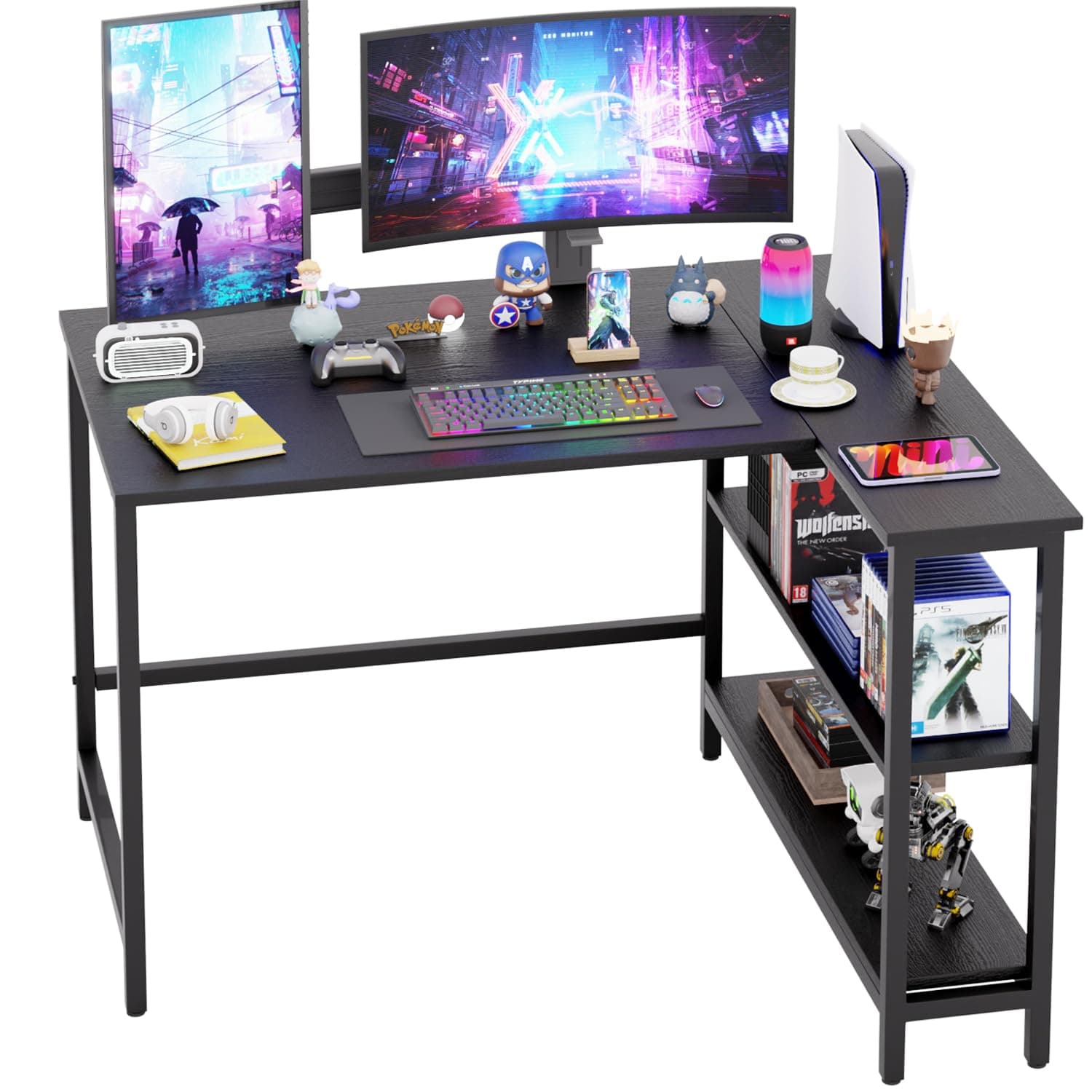 43 Inch L-Shaped Computer Desk,Gaming Desk with Durable Metal Frame,Corner Desk with Reversible Storage Shelves for Home Office Gaming Study,Black (43 inch)