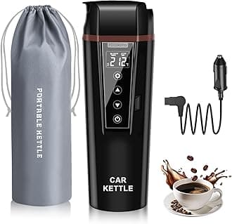 Car Electric Kettle:12V/24V Portable Water Boiler Heated Travel Mug,Multiple Temperature Adjustable Coffee Tea Truck Cup with 304 Stainless Steel Dry Burn Protection & Handy Cup Bag, 400ML