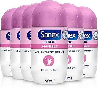 Sanex Dermo Invisible Roll-On Antiperspirant 6x50ml - antiperspirant deodorant - up to 48-hour sweat and odour protection - anti-stain protection - restores skin’s natural pH - dermatologically tested