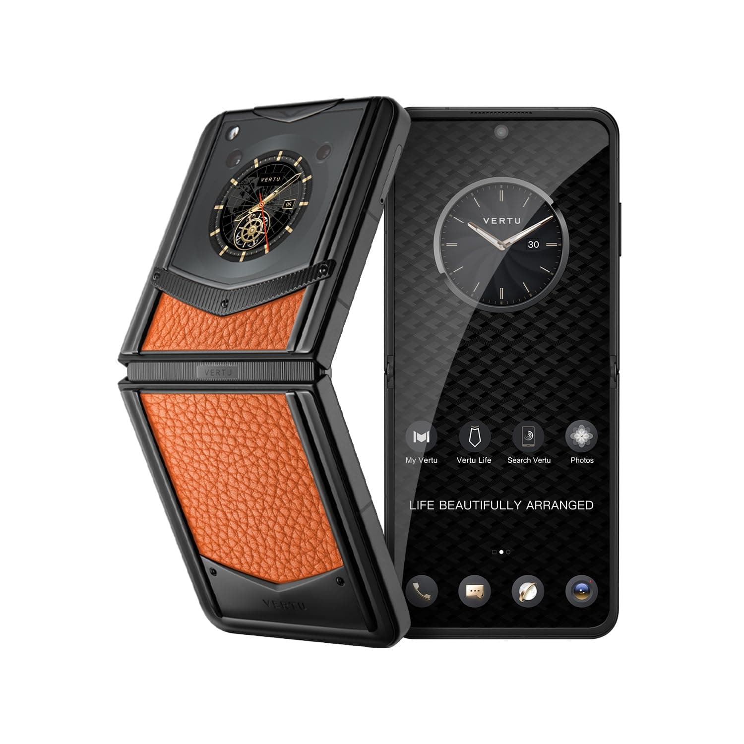 Vertu IRONFLIP Calf Skin Flip Cell Phone, Unlocked Android 5G Smartphone, Foldable Design, One-Hand Control, 50MP Camera, 12G+512G, Dual SIM, 6.9" 120Hz OLED, 65W Fast Charge (Dawning Orange)