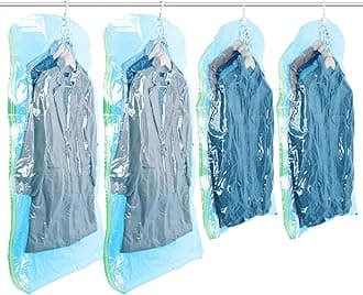 TAILI Hanging Vacuum Storage Sealer Space Saver Bags for Clothes, Coat, Closet Organizers, 4 Pack (2 Long, 2 Short) Blue