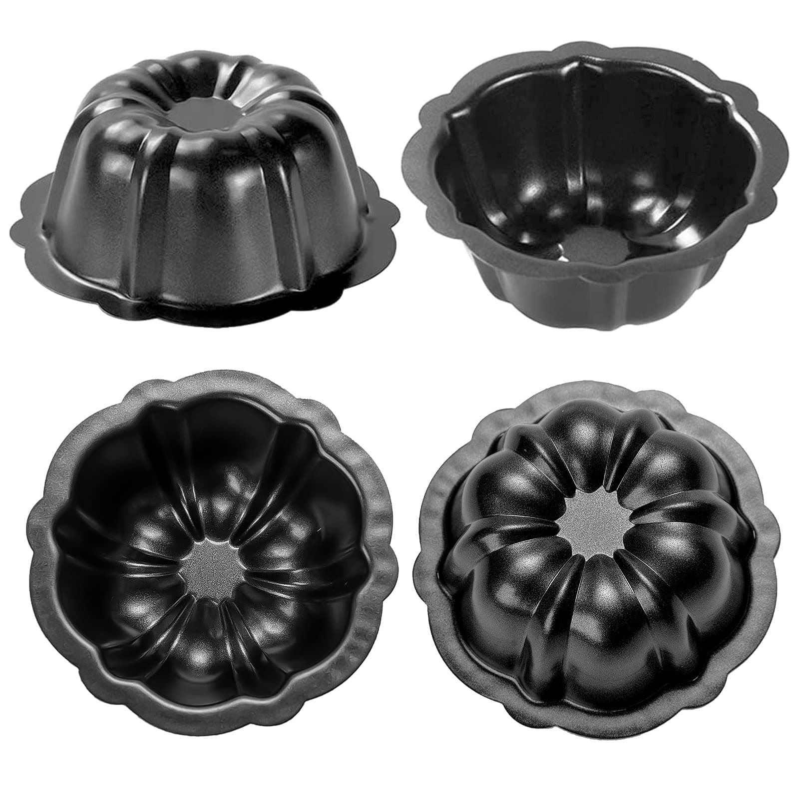 Mini Budtcake Pan, 4 Inch Black Nonstick Fluted Lava Cake Pans Mini Chocoflan Mold Small Flan Mold Individual Baking Cups Thanksgiving Pumpkin Muffin Pans for Insta Pot Air Fryer