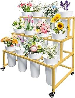 INDIAN DECOR 39912 Flower Display Stand, Flower Cart, Flower Stand Metal with Wheels, Moving Florist Bouquet Shelf (Gold, 3-tier Rectangular)