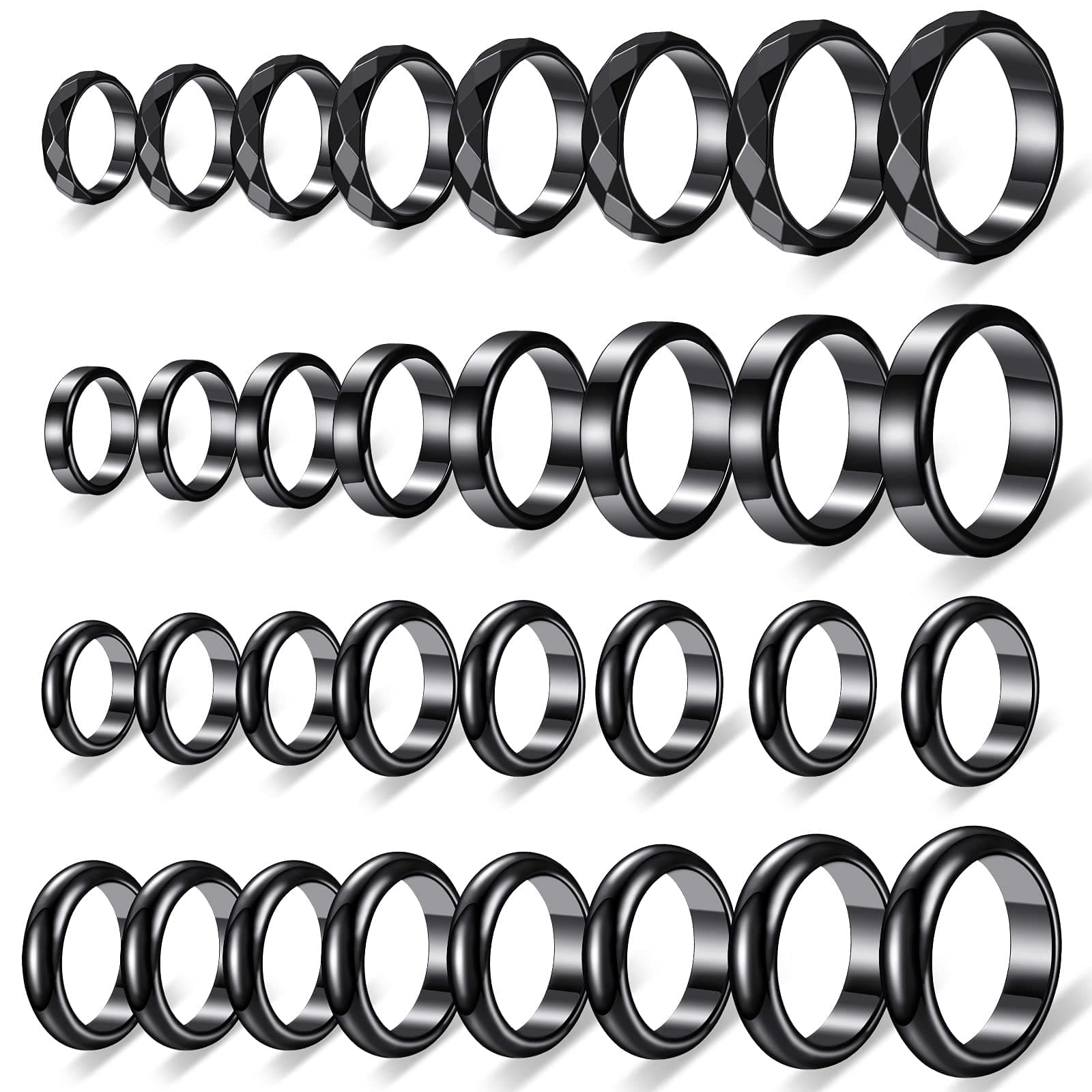 32 Pieces Genuine Hematite Rings Set Negative Energy Ring Non Magnetic Hematite Stone Jewelry 6t Curved Surface 6 Plane 6t Faceted Size 6-13 Cute Cool Jewelry