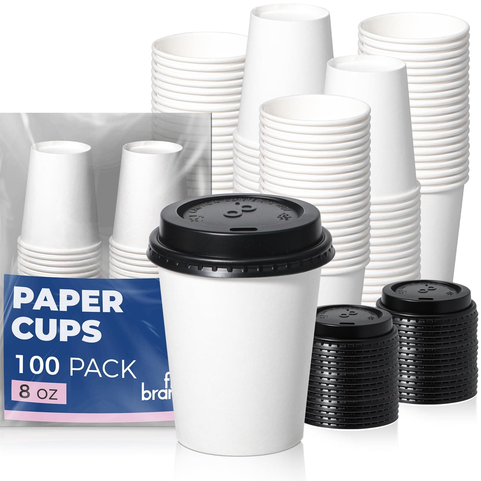 - 100 Pack 8 oz Disposable Coffee Cups with Lids, Premium To Go Paper Cups, Leak Proof Hot Coffee Cups with Lids for Travel, Office, Hot/Cold Beverages (Black Lids)