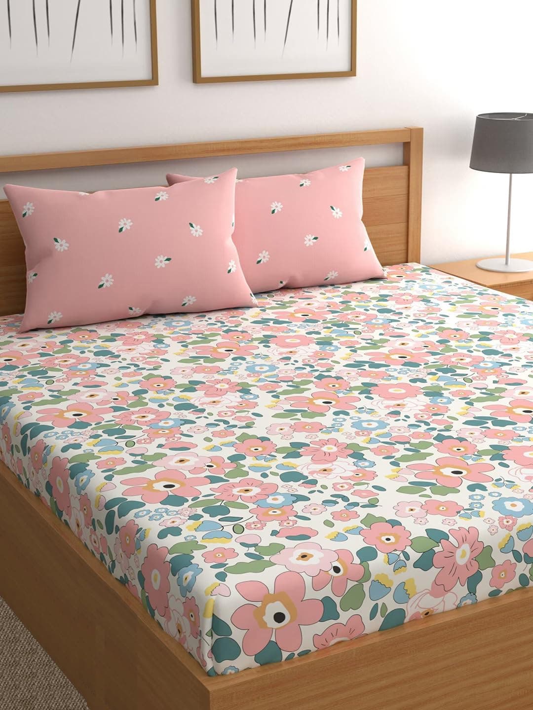 LOOMLYFE 300 TC Microfiber XXL Soft Cotton Super King Size Bedsheet for Double Bed, King Size 108 Inches X 108 Inches, 9 Feet, 275 X 275 cm with 2 Large Size Pillow Covers - PinkFlowers