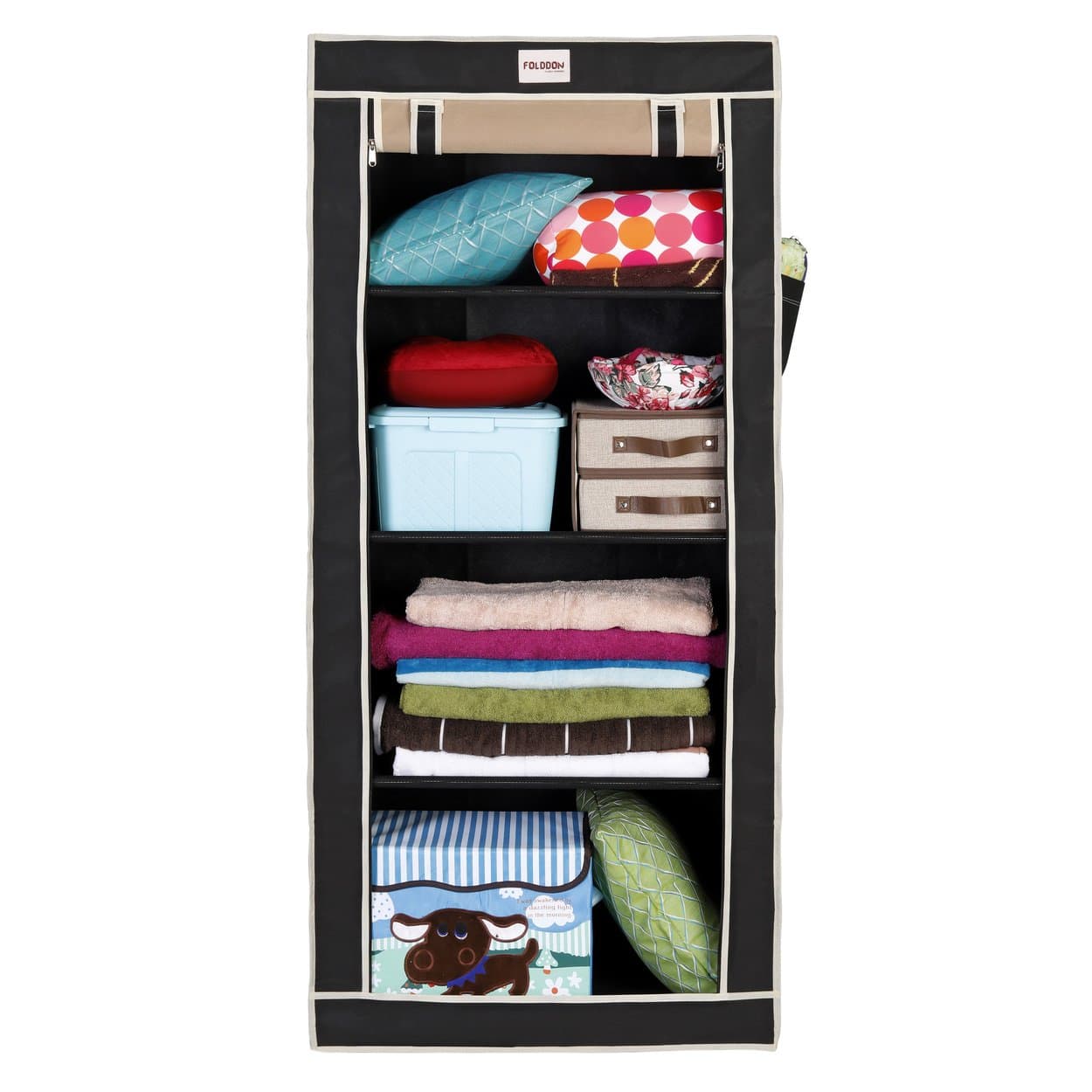 Collapsible Cloth Storage Wardrobe Cupboard Closet with 4 Racks Single Door Design. (Black & Beige) (Black, Beige)