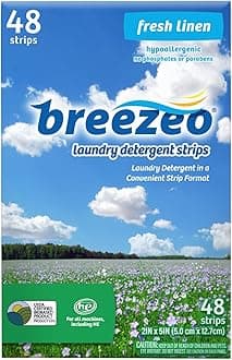 Breezeo Laundry Detergent Strips (48 strips) - Fresh Linen Scent - More Convenient than Pods, Pacs, Liquids or Powders – Great for Home, Dorm, Travel, Camping & Hand-Washing