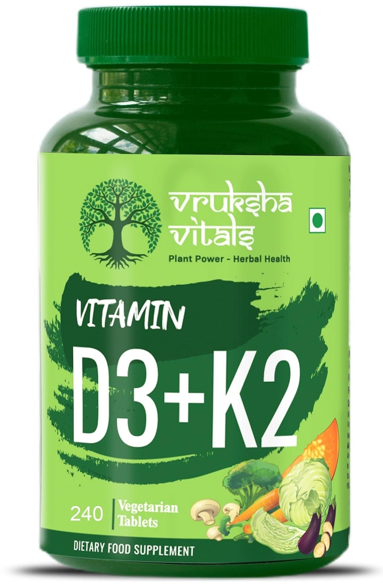 Vruksha Vitals Vit D3 & K2 100% RDA, 240 Tablets - For Adults & Kids - Plant based Vitamin D3 600 IU & Vitamin K2 as MK7 55 mcg, Vitamin D & Vit K Tablets/Capsules Supplement