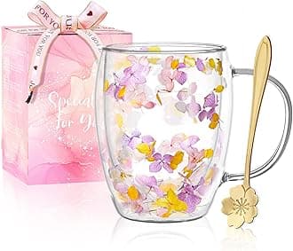 Arefen Aesthetic Dried Flowers Double Wall Glass Coffee Mugs Cute Tea Cups with Handles Insulated Heat Resistant Christmas Birthday Gifts for Women Best Friend Teacher Mum Gifts New Home Gift Ideas