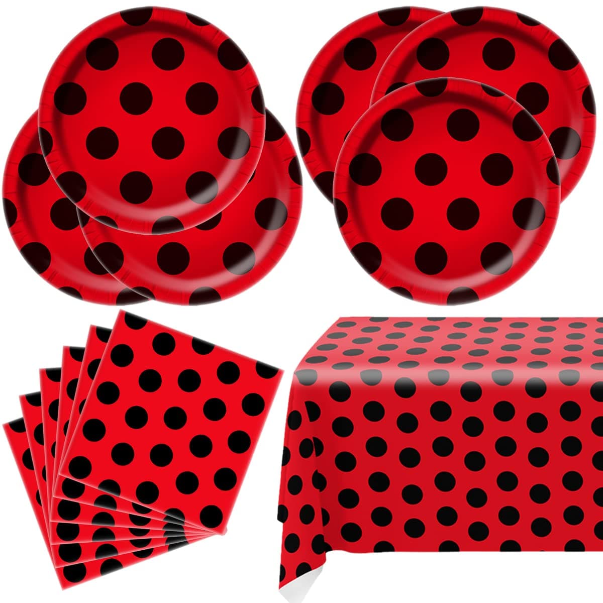 Ladybug Party Tableware Sets,20 Plates and 20 Napkins and Tablecloth87 '' x 52 '',Ladybug Theme Party Decorate Supplies