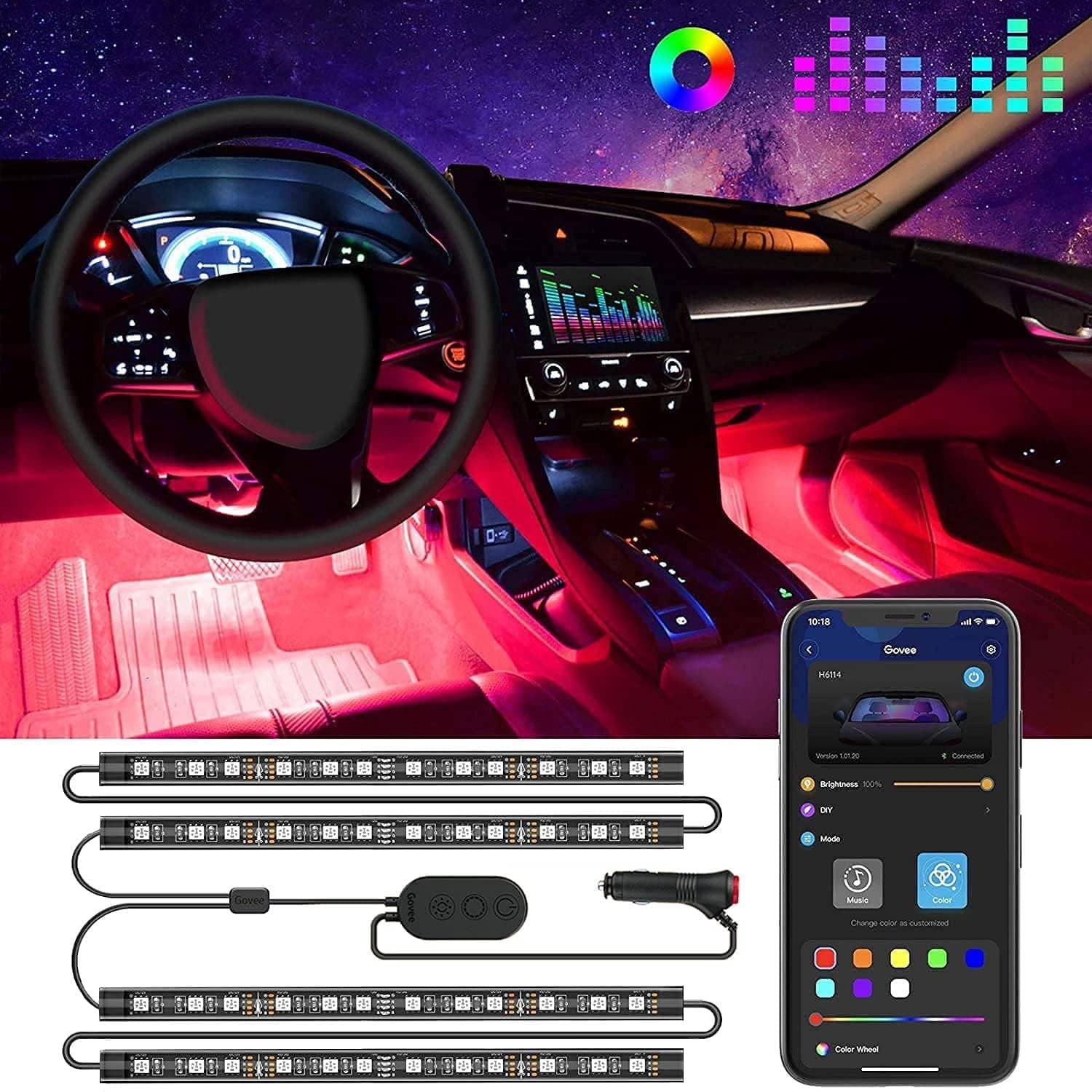 Car LED Lights, Smart Interior Lights with App Control, RGB Inside Car Lights with DIY Mode and Music Mode, 2 Lines Design, 4 * 0.72ft Strip Lights for Cars with Car Charger, 12V