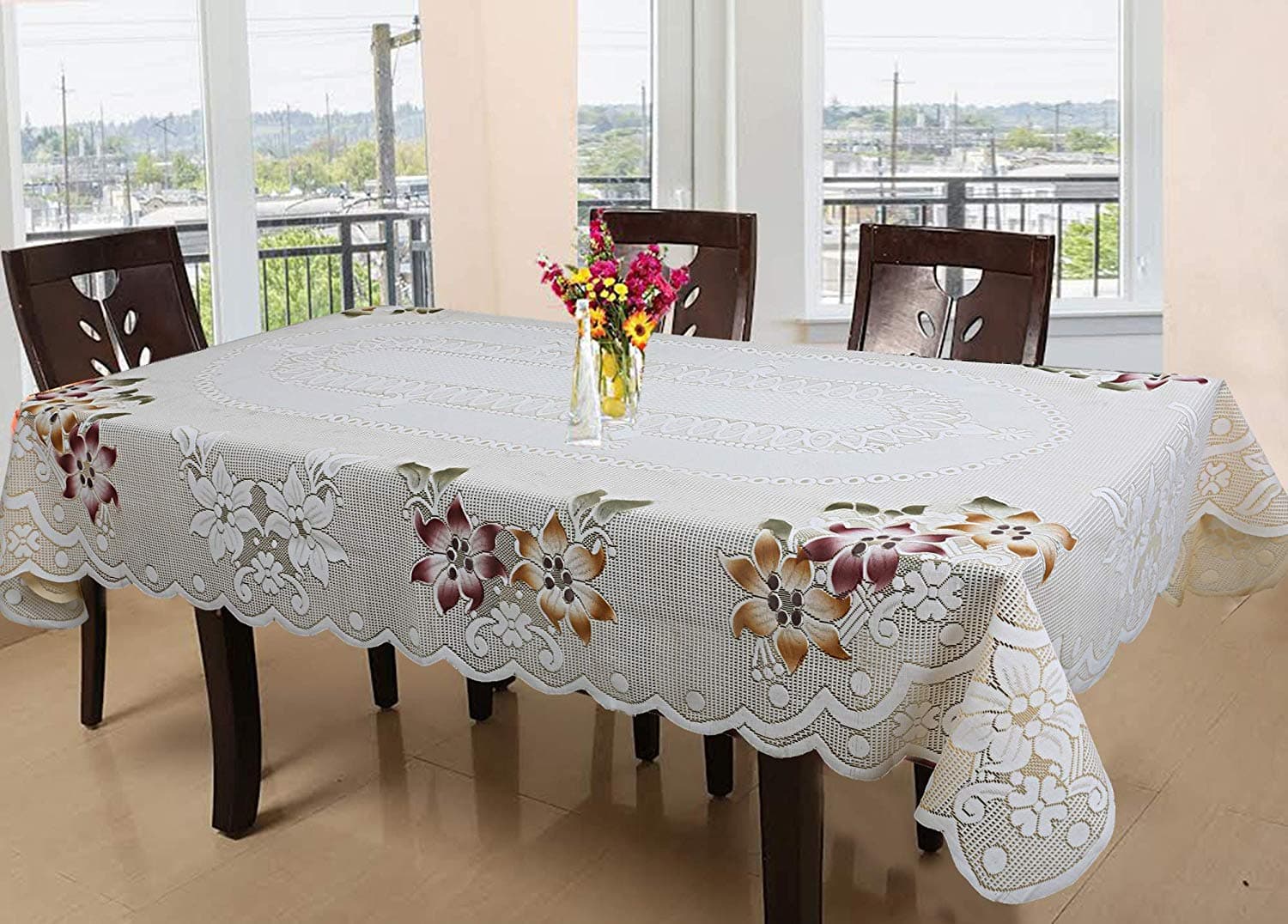 Cotton Dining Table Cover 6 Seater | Durable Table Cover Cloth For Kitchen | Table Cloth for Home, Hotel, Office & Restaurant | Reusable Cloth Cover for Table top | Flower - Cream