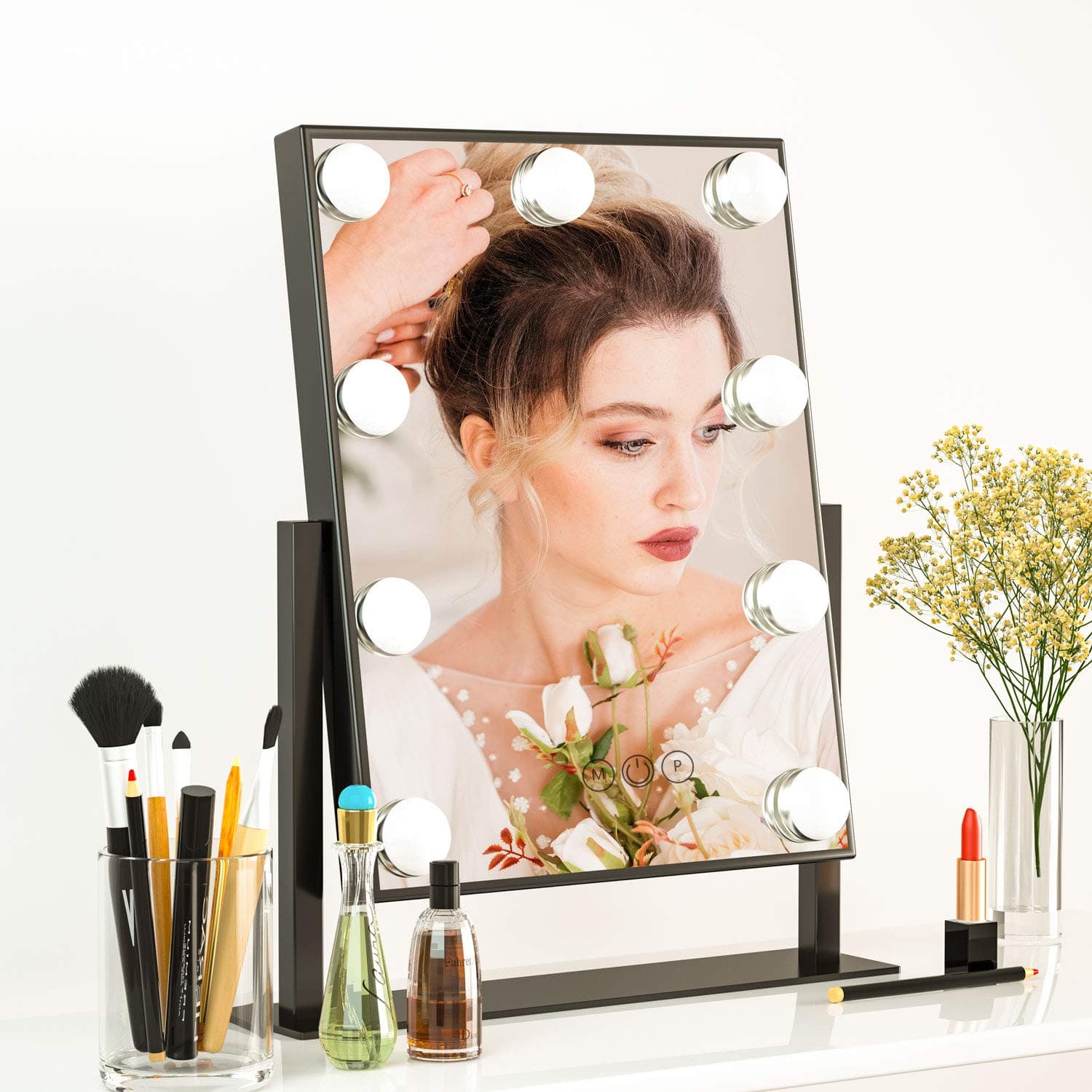 Fenair Hollywood Vanity Mirror with Lights, Lighted Makeup Mirror with Magnification, 3 Color Lighting, Cosmetic Mirror with 9 Dimmable Bulbs, 360°Rotation