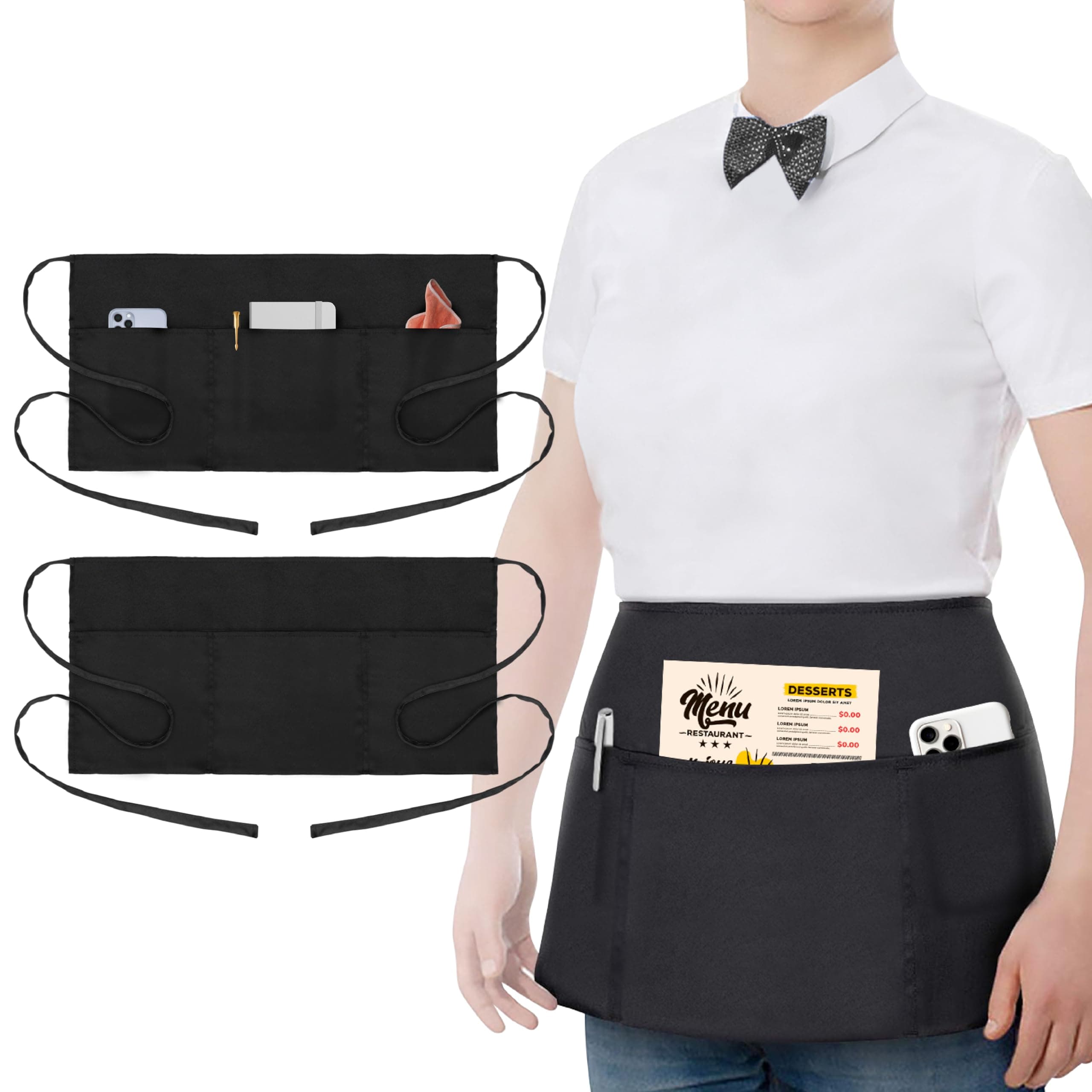 2 Pack Waitress Apron with 3 Pockets - Water & Oil Resistant - Black Waist Aprons for Servers - Half Aprons for Women - 12 Inch