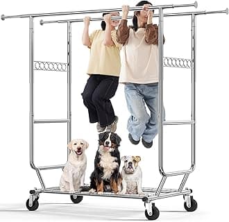 HOKEEPER Double Clothing Commercial Grade Garment Rack with Shelves ， Heavy Duty Double Rails Adjustable Collapsible Rolling Clothes Rack on Wheels, Chrome Finish