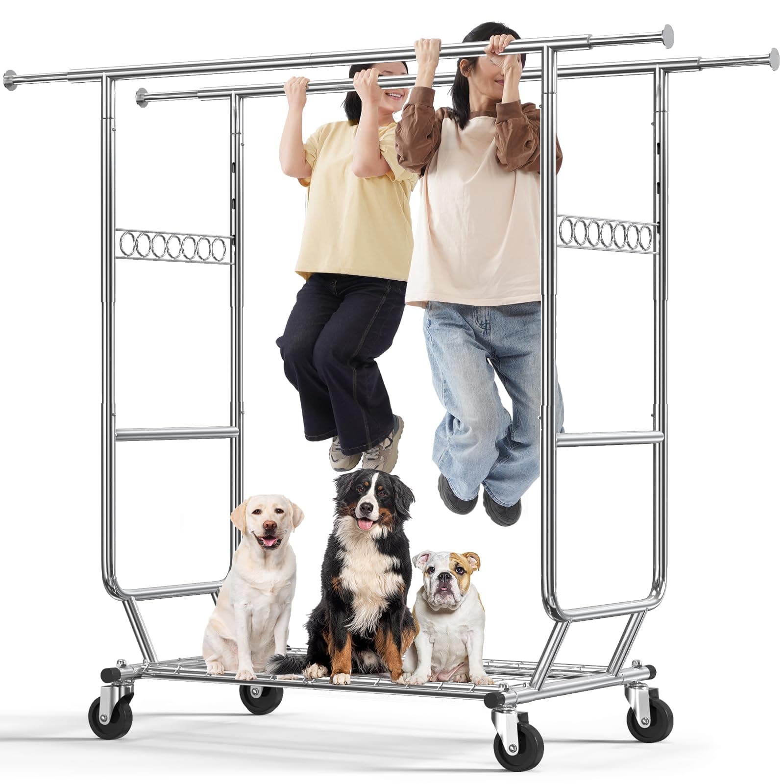 Clothes Rack Heavy Duty Clothing Rack Load 650 LBS Collapsible Garment Rack with Wheels Double Rod Clothes Rack for Hanging Clothes Commercial Portable Closet Rack with Shelves 22"D*75"W*68"H