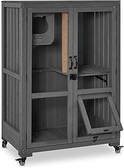 MCombo Luxury Cat House with Scratching Post, Wooden Multi Feature Large Cat Condo with Escape Door and Wheels, Kitten Cages with Shelter Indoor Outdoor CT83 (Grey)