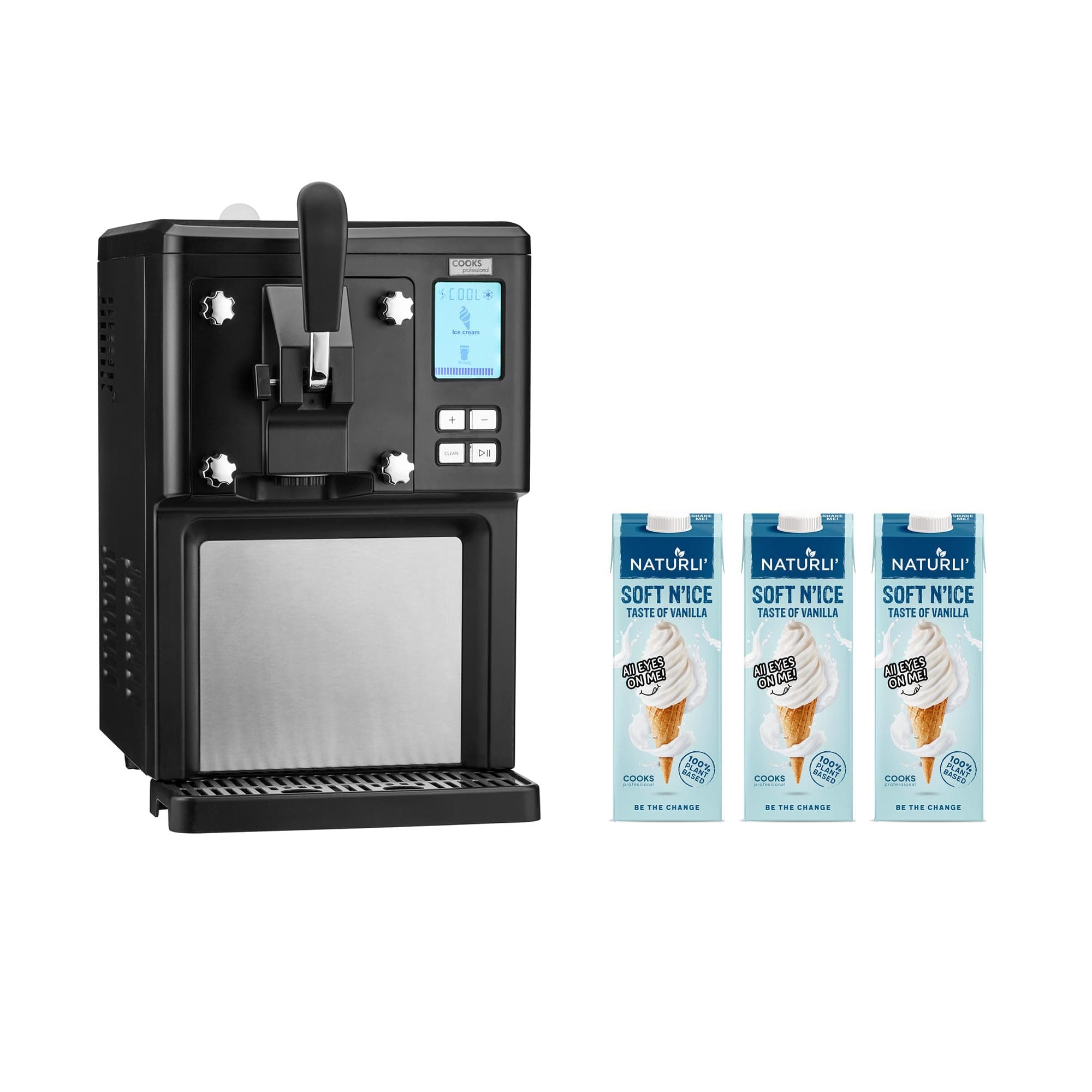 Cooks Professional Luxury Soft Serve Ice Cream Maker | 1.5L | Self-Cooling Compressor | Auto Cleaning | Digital Display | Perfect for Whippy Sundaes & Desserts | Includes 3 x 1L Dairy-Free Vegan Mix