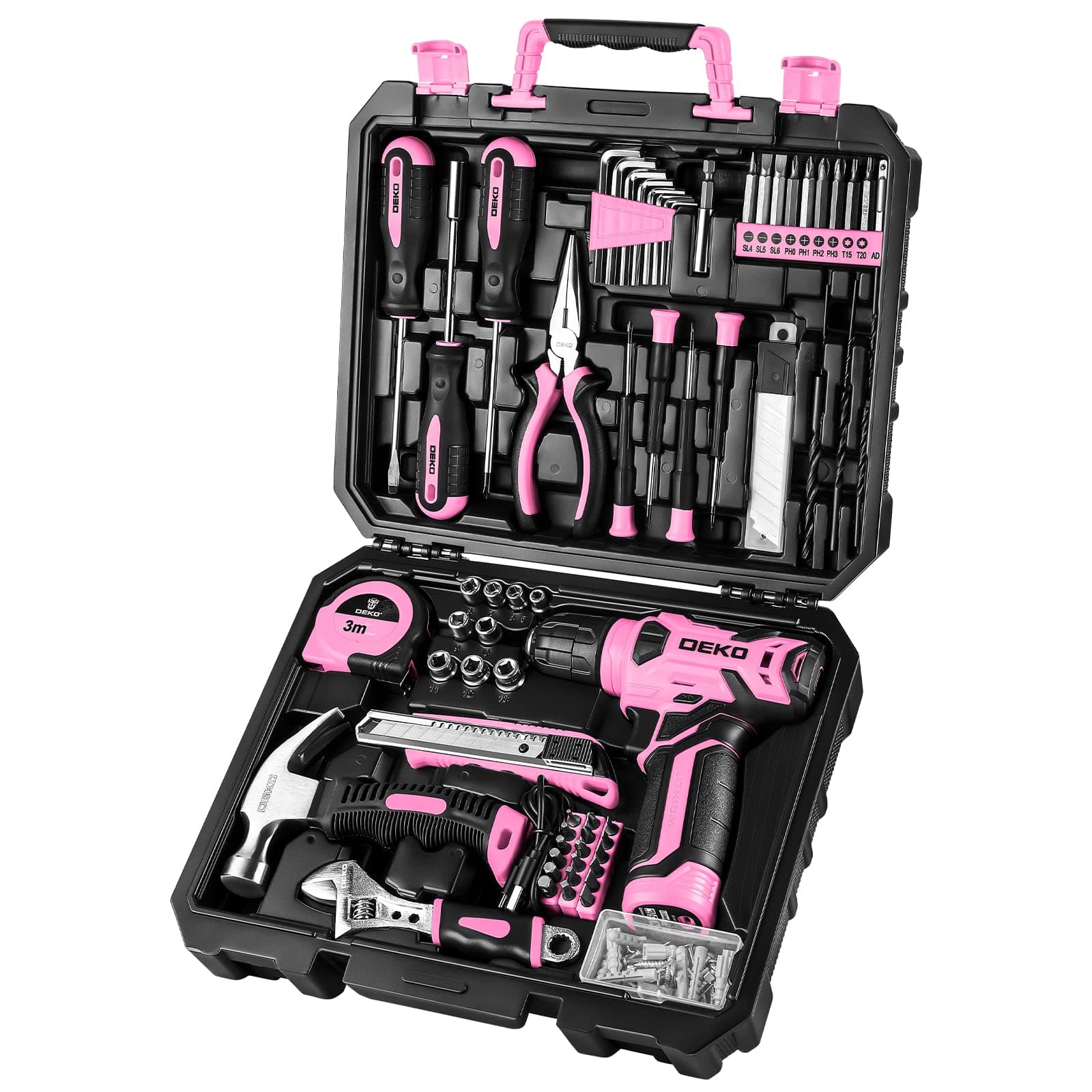 DEKOPRO Drill Set, Home Tool Set with 8V Pink Cordless Drill, Hand Tool Kit for Women, 126 pcs