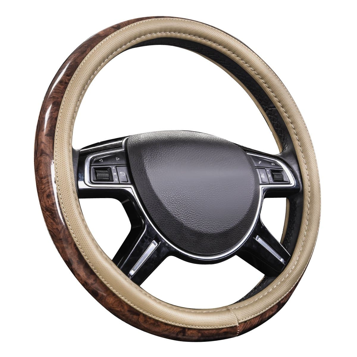 CAR PASS Wood Grain Microfiber Leather Steering Wheel Cover, Universal Fit for 14 1/2-15 inch Beige Steering Wheel, Anti-Slip Veins Design, Cars,Suvs,MiniVans, Sedans (Beige)