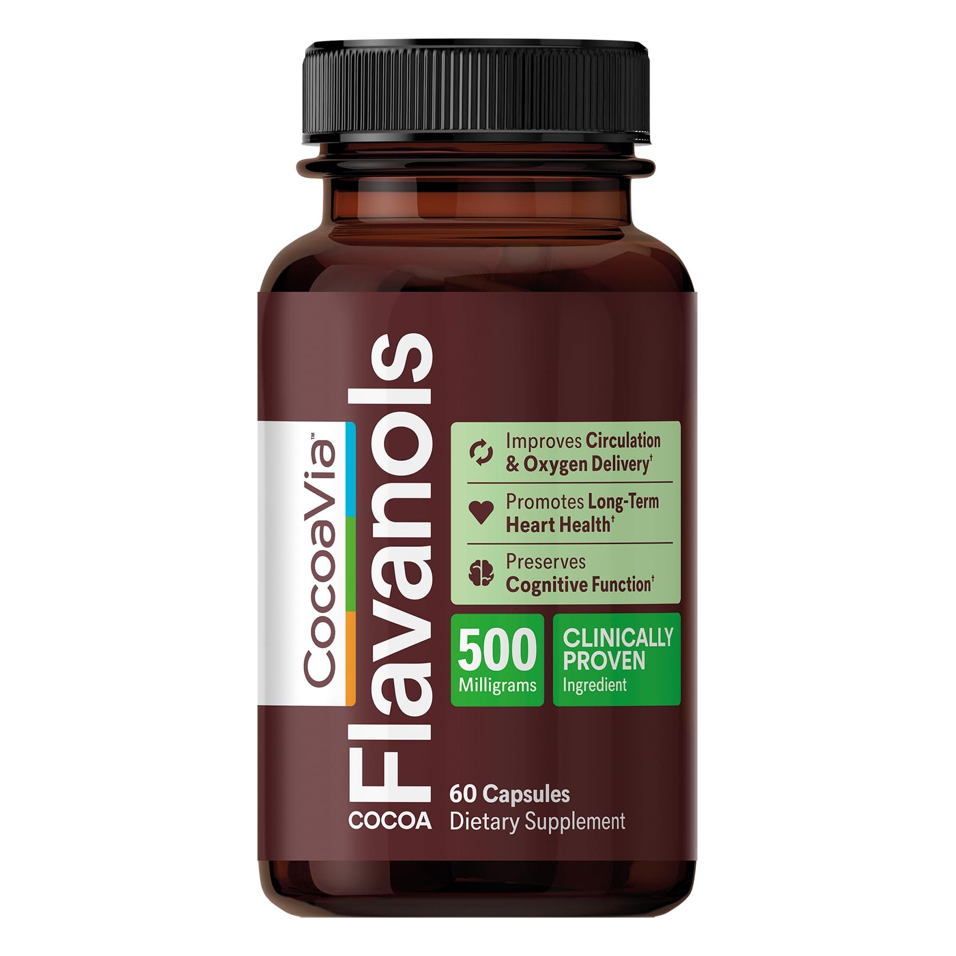 Heart & Brain Supplement, 30 Day, Cocoa Flavanol Extract, Memory & Circulation Booster, Nitric Oxide, Boost Oxygen & Energy, Plant Based, Gluten Free, Vegan, 60 Capsules