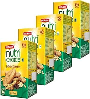 BRITANNIA Nutri Choice 5 Grain Digestive Biscuits 8.81oz (250g) - Healthy Breakfast & Tea Time Snacks (Pack of 4)