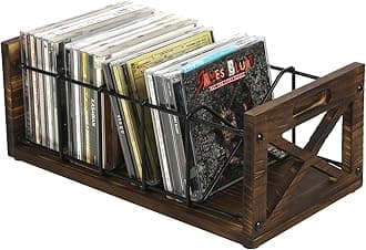 FARM IN CD Storage Holder, 5-Slot Farmhouse Industrial CD & DVD Storage Rack with Handles, Barn Door “X-Cross” Design, Rustic Solid Burnt Wood and Black Metal Wire