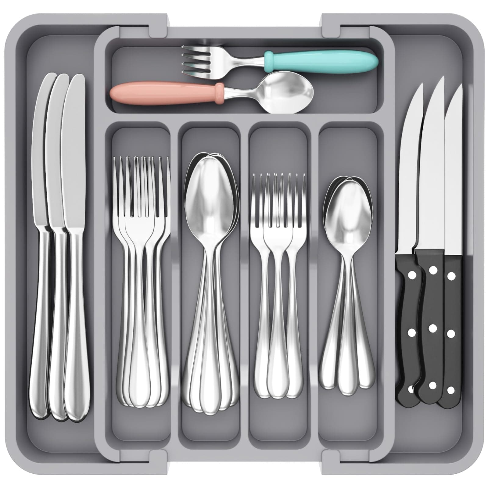 Lifewit Extendable Cutlery Drawer Organiser, Adjustable Cutlery Tray, Plastic Adjustable Kitchen Storage Dividers for Utensil Spoons Forks Knives, 7 Compartments, 23-37 x 31cm, Grey