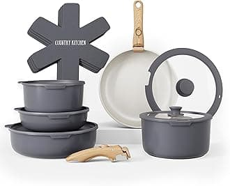 16 Piece Pots and Pans Set - Safe Nonstick Ceramic Coating Kitchen Cookware with Soft Touch Wooden Removable Handle, RV Cookware Set, Oven Safe (Grey/Ivory)