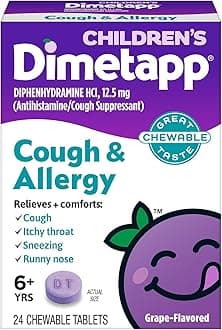 Children’s Dimetapp Fast-Acting Chewable Cough & Allergy Medicine, Antihistamine, Cough Suppressant, Grape Flavor, Relieves Cough, Itchy Throat, Sneezing & Runny Nose, 24 Chewable Tablets