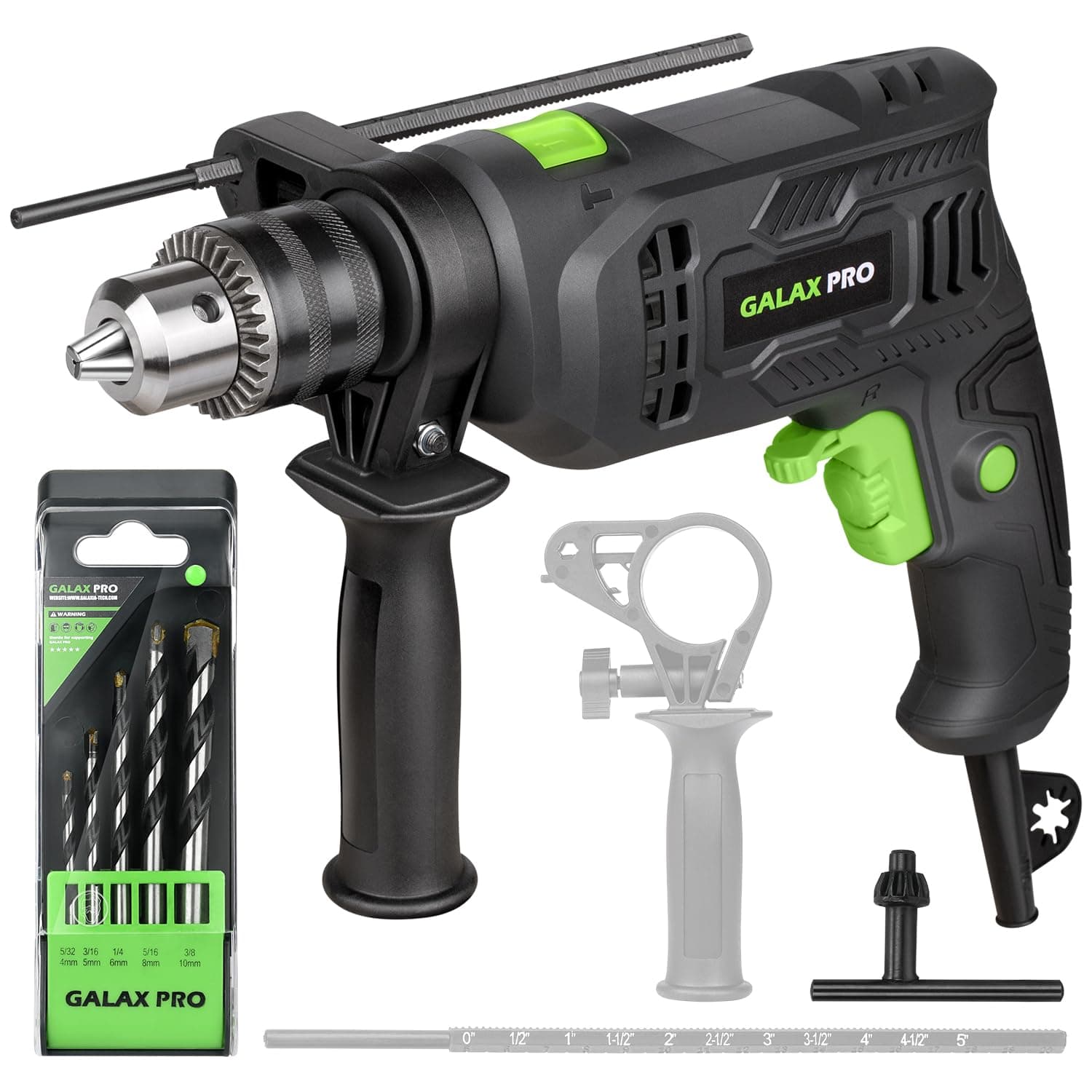 GALAX PRO - 4.5 Amp Corded Hammer Drill, 0-3000 RPM, 5 Pieces, Hammer and Drill, 2 Functions in 1 with 12 Variable Speed, Metal Chuck with 1/2" Wrench, Handle