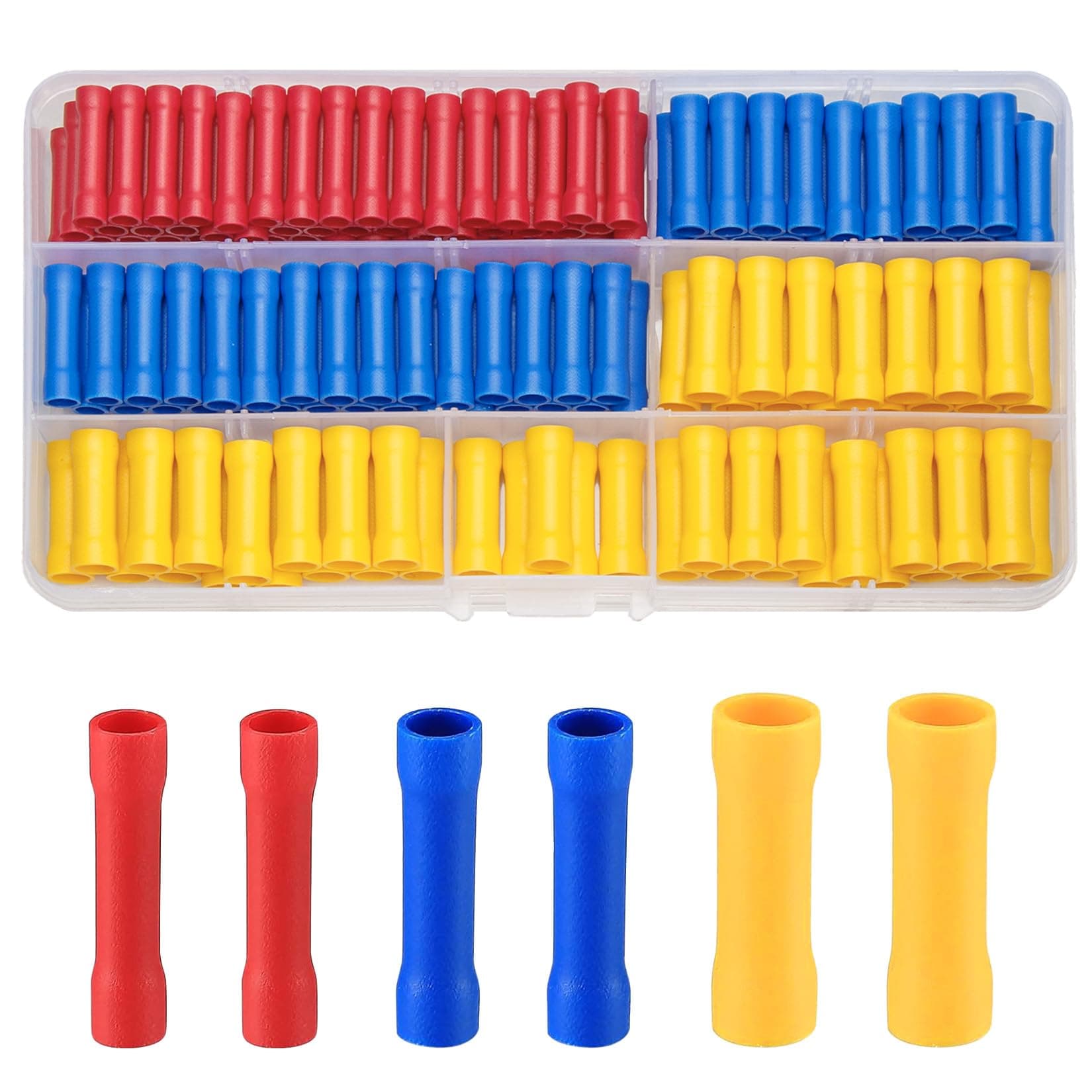 150 Pcs Electrical Terminals Crimp Connectors, Electrical Wire Butt Connectors, Female & Male Insulated Cable Wire Crimp Connector Set - Blue/Red/Yellow (three-colour 150)