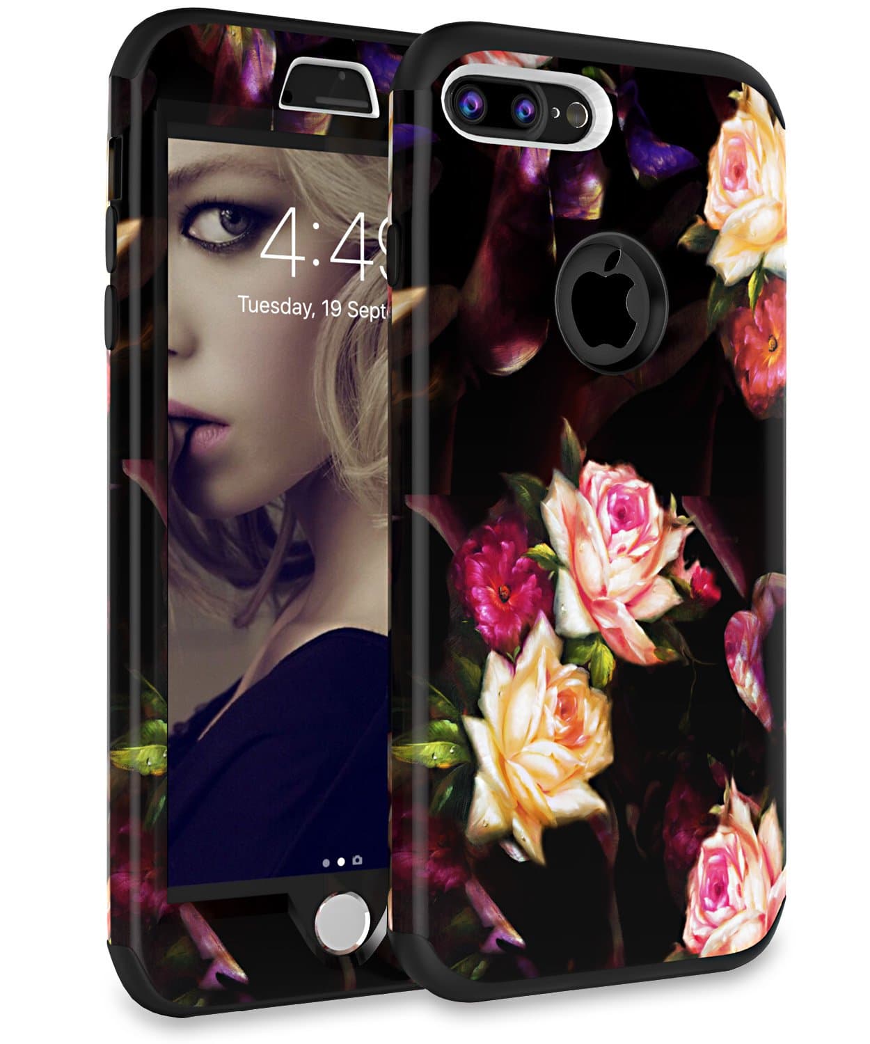 iPhone 7 Plus Case iPhone 8 Plus Case ADCOOG[Flowers] Three Layers Heavy Duty Shockproof Soft Silicone Anti-Scratch Anti-Fingerprint Hard PC Hybrid Protective Case for iPhone 7/8 Plus(Black+Flower2)