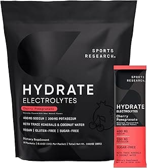 Sports Research Hydrate Electrolytes Powder Packets - Sugar-Free & Naturally Flavored with Vitamins, Minerals, and Coconut Water - Supports Hydration - 16 Packets - Cherry Pomegranate