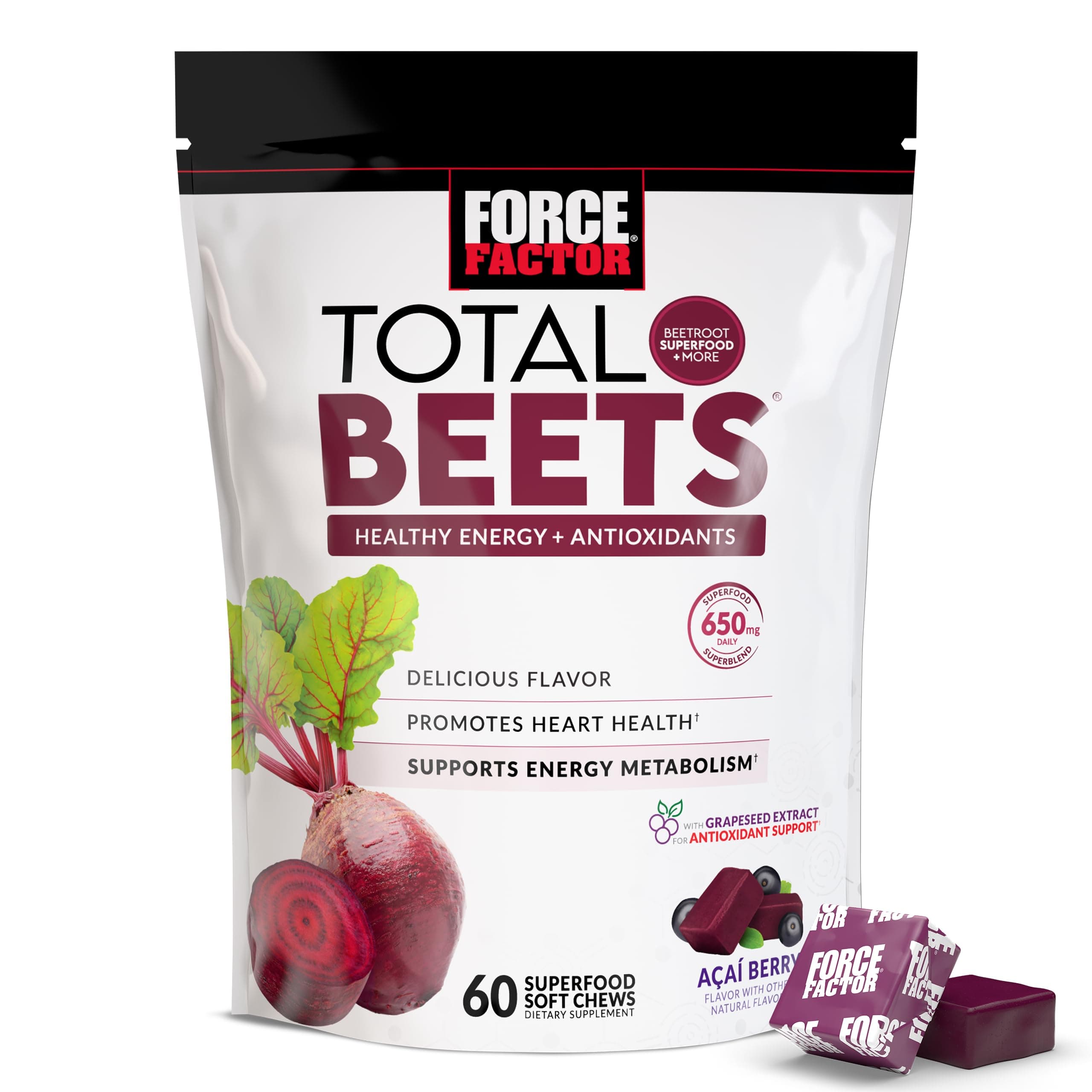 Force Factor Total Beets Soft Chews with Beetroot, Nitrates, L-Citrulline, Grapeseed Extract, and Antioxidants, Healthy Energy Supplement with Elite Ingredients, Heart Health Superfood, 60 Chews
