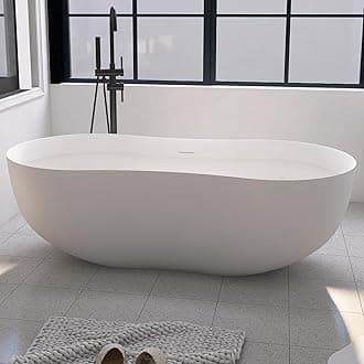 67 Inch Stone Resin Freestanding Bathtub, Contemporary Peanut Oval Stand Alone Soaking Tubs, Solid Surface Bathtub with Drain & Integrated Slotted Overflow Matte White AM331-1700