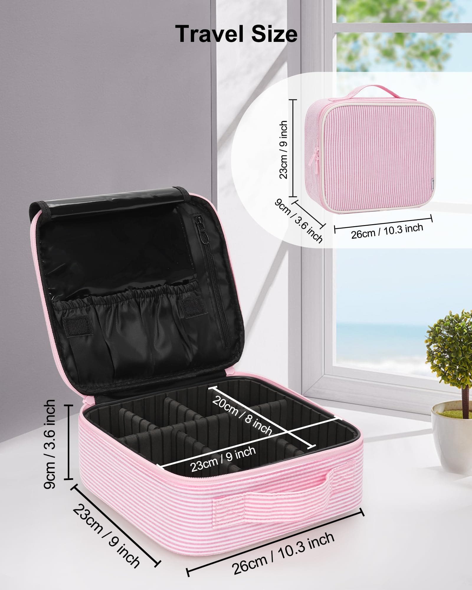 Relavel Travel Makeup Train Case, Portable Cosmetic Case Makeup Organizer, Professional Artist Storage Bag with Adjustable Dividers for Cosmetics Brushes, Birthday Gifts for Girls, Pink Stripe