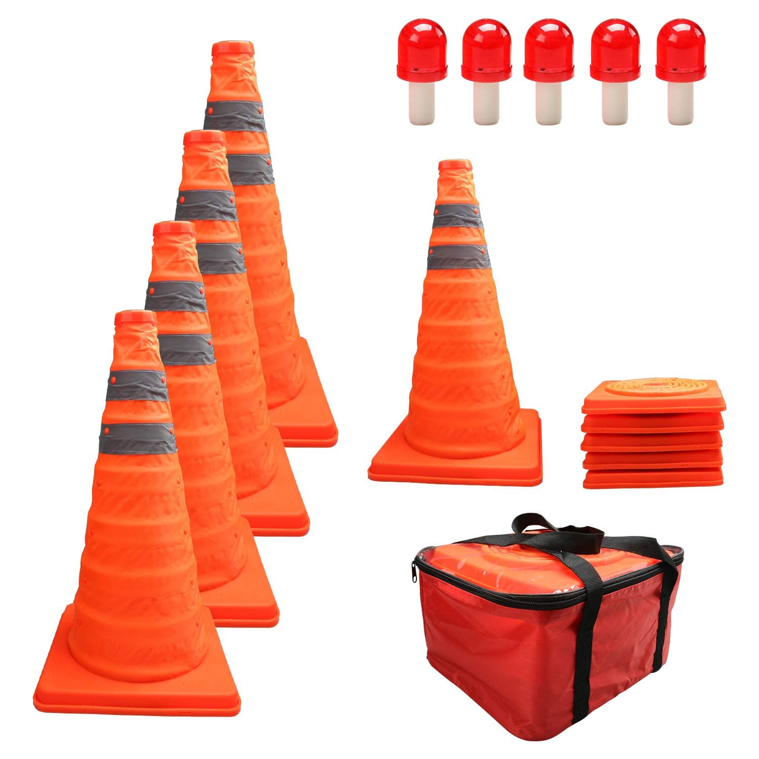 5 Pack 18" Collapsible Traffic Cones with LED Lights Reflective Safety Cones 2 Reflective Silver Strips for Road Safety, Orange Cones for Driving Training, Parking Lots
