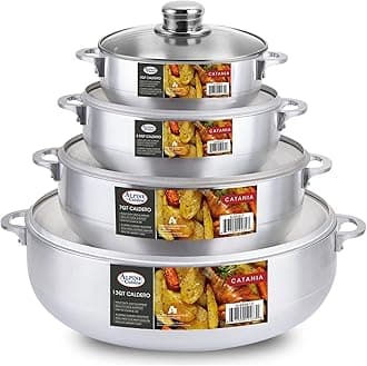 Alpine Cuisine Premium 8-Piece Nonstick Aluminum Caldero Set with Glass Lids Versatile Pots for Stews, Rice & Soups in 2,3.5,7,13 Quart Sizes