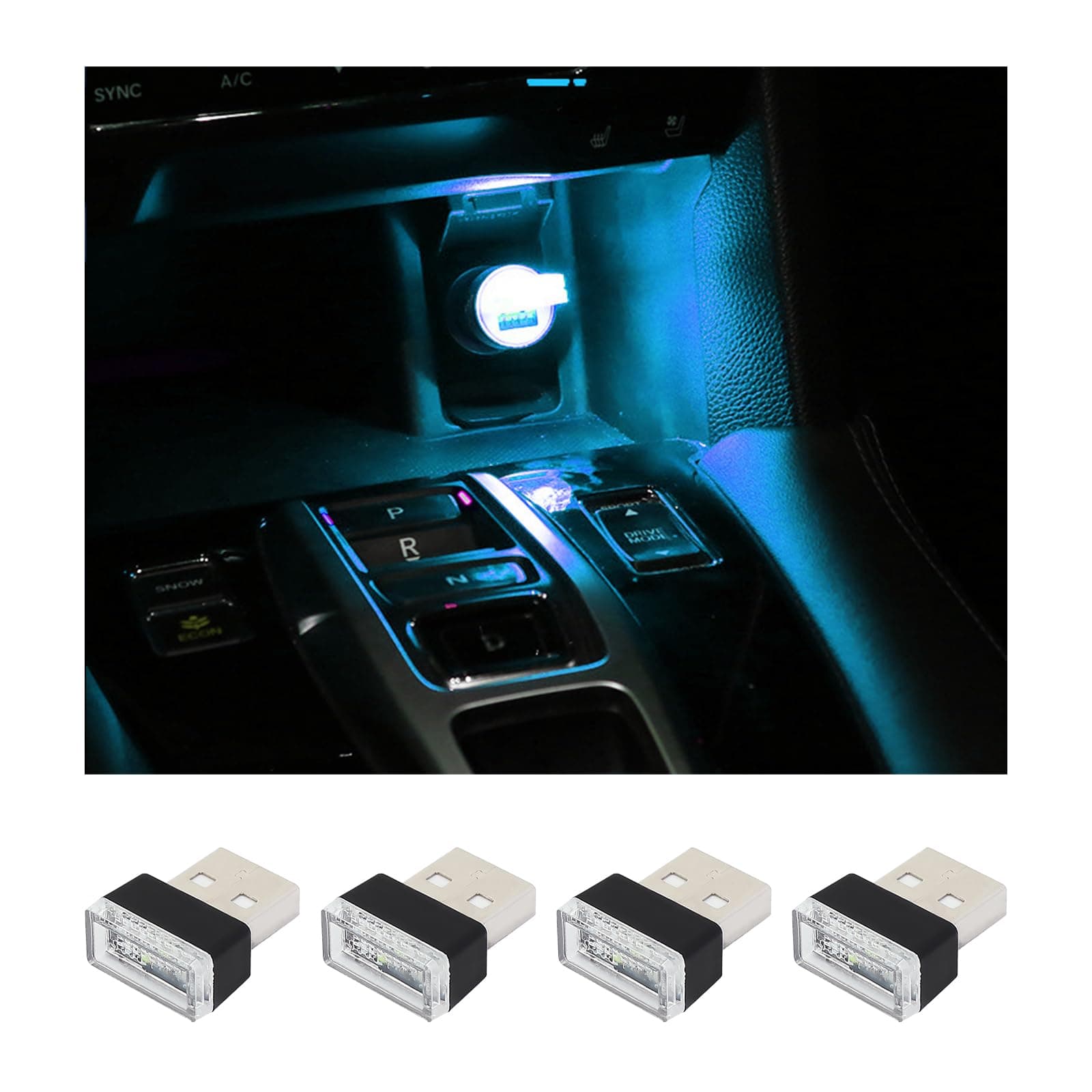 Augeny 4 PCS USB LED Car Interior Atmosphere Lamp, Plug-in USB Decor Night Light, Portable Auto Ambient Lighting Kit, Universal Vehicle Interior Accessories for Most Cars (Ice Blue)