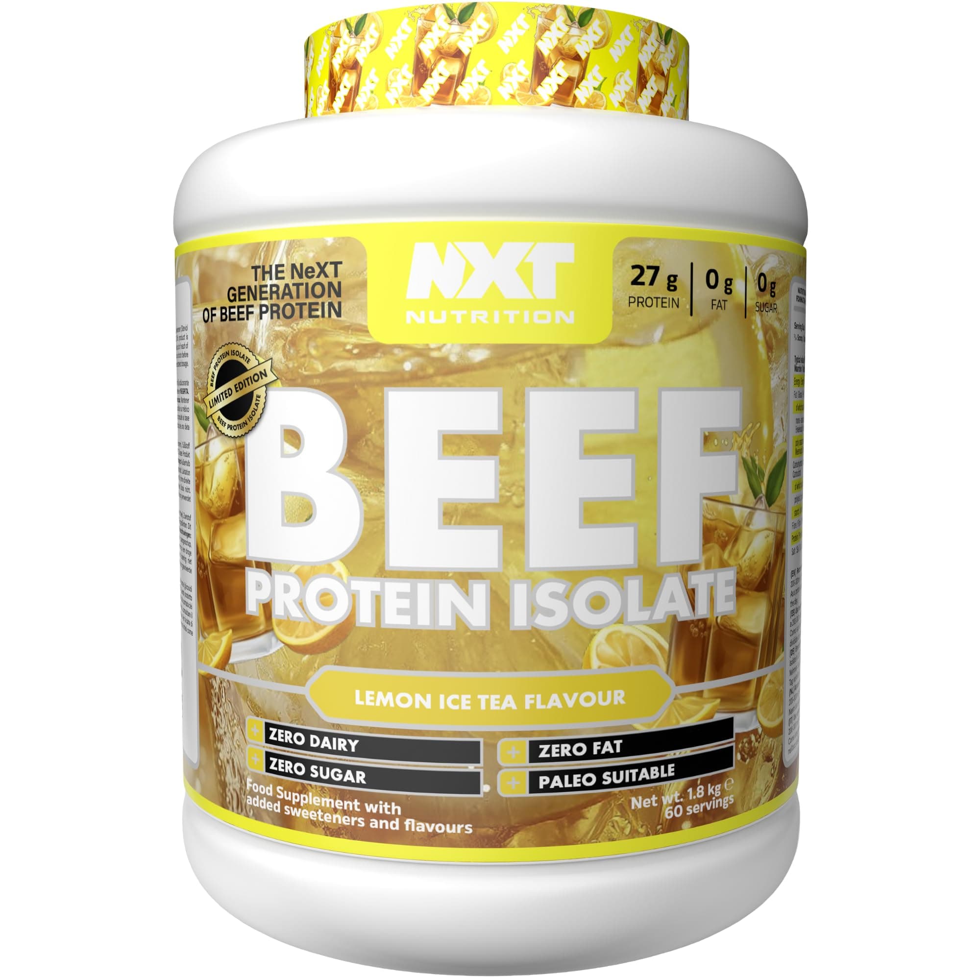 NXT Nutrition Beef Protein Isolate Powder - Protein Powder High in Natural Amino Acids - Paleo, Keto Friendly - Dairy and Gluten Free - Muscle Recovery | 1.8kg | Lemon Ice Tea